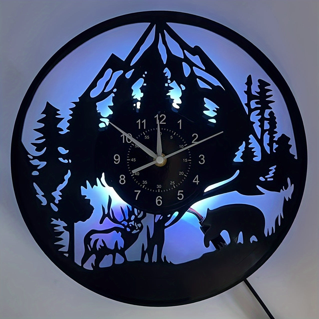 LED Lighted Forest Night Glow Wall Clock with Bear & Moose Silhouette - Modern Cabin Decor, Large Easy-Read Black Hands, Durable Vinyl Round Clock for Living Room, Bedroom, Office - Ideal Gift for Christmas, Birthday, Mother'