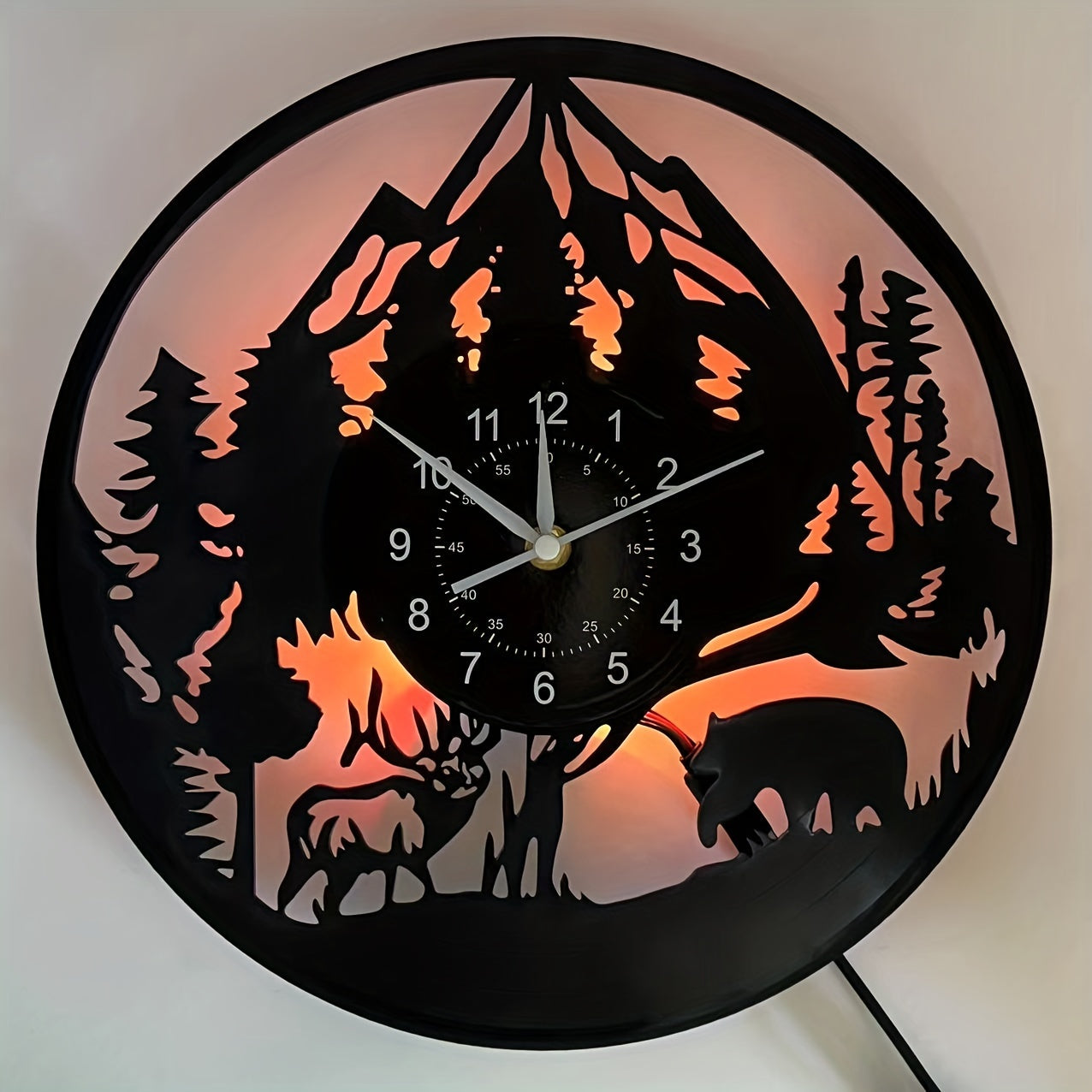 LED Lighted Forest Night Glow Wall Clock with Bear & Moose Silhouette - Modern Cabin Decor, Large Easy-Read Black Hands, Durable Vinyl Round Clock for Living Room, Bedroom, Office - Ideal Gift for Christmas, Birthday, Mother'
