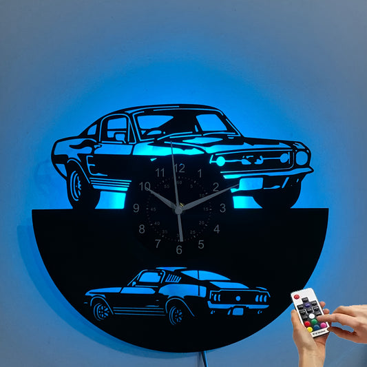 Handmade Vintage Car-Themed LED Wall Clock with Remote Control & 7-Color Night Light - Silent Non-Ticking Large Face, Retro Automotive Design with Classic Muscle Car Silhouette - Garage, Living Room, Bedroom, Office Decor - I
