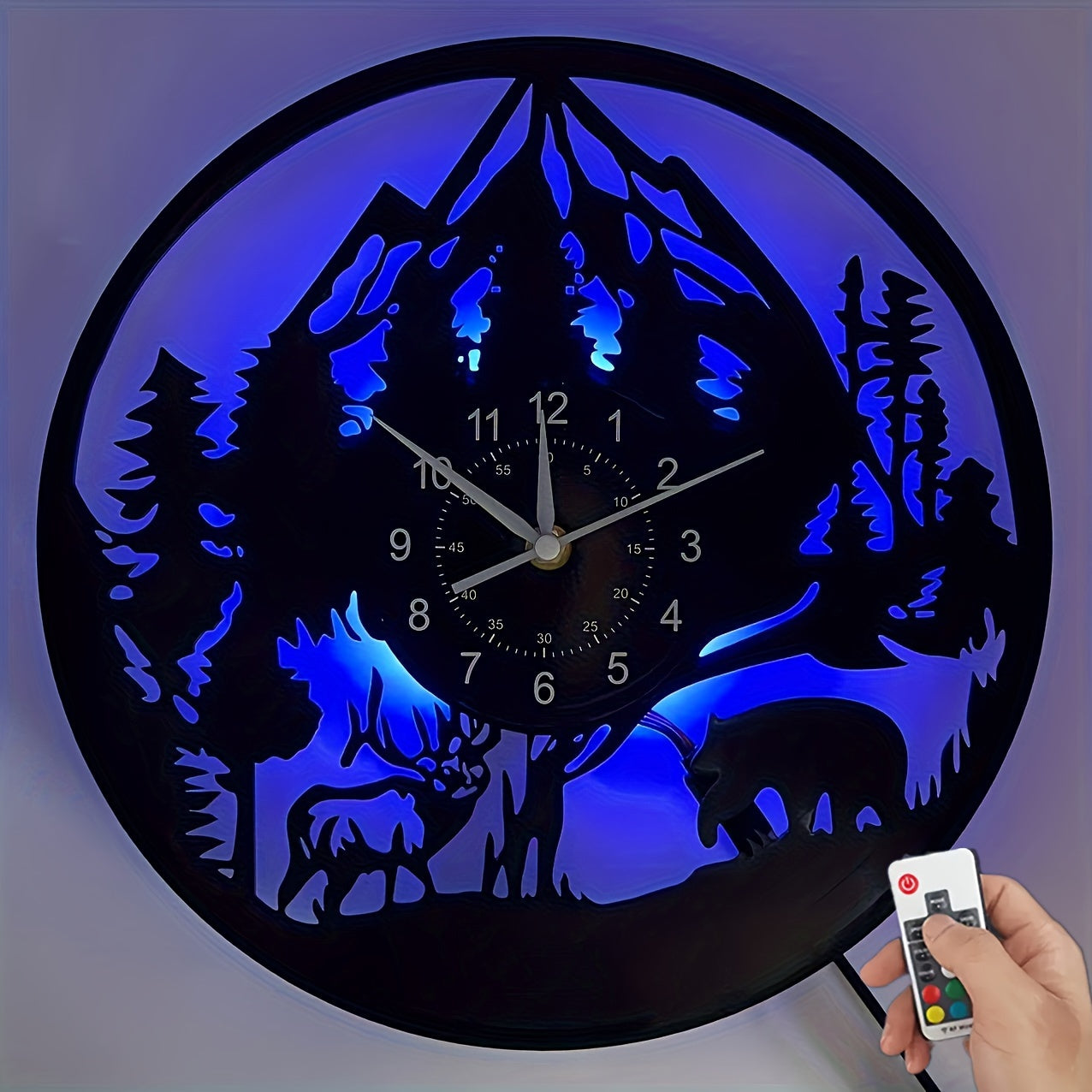 LED Lighted Forest Night Glow Wall Clock with Bear & Moose Silhouette - Modern Cabin Decor, Large Easy-Read Black Hands, Durable Vinyl Round Clock for Living Room, Bedroom, Office - Ideal Gift for Christmas, Birthday, Mother'